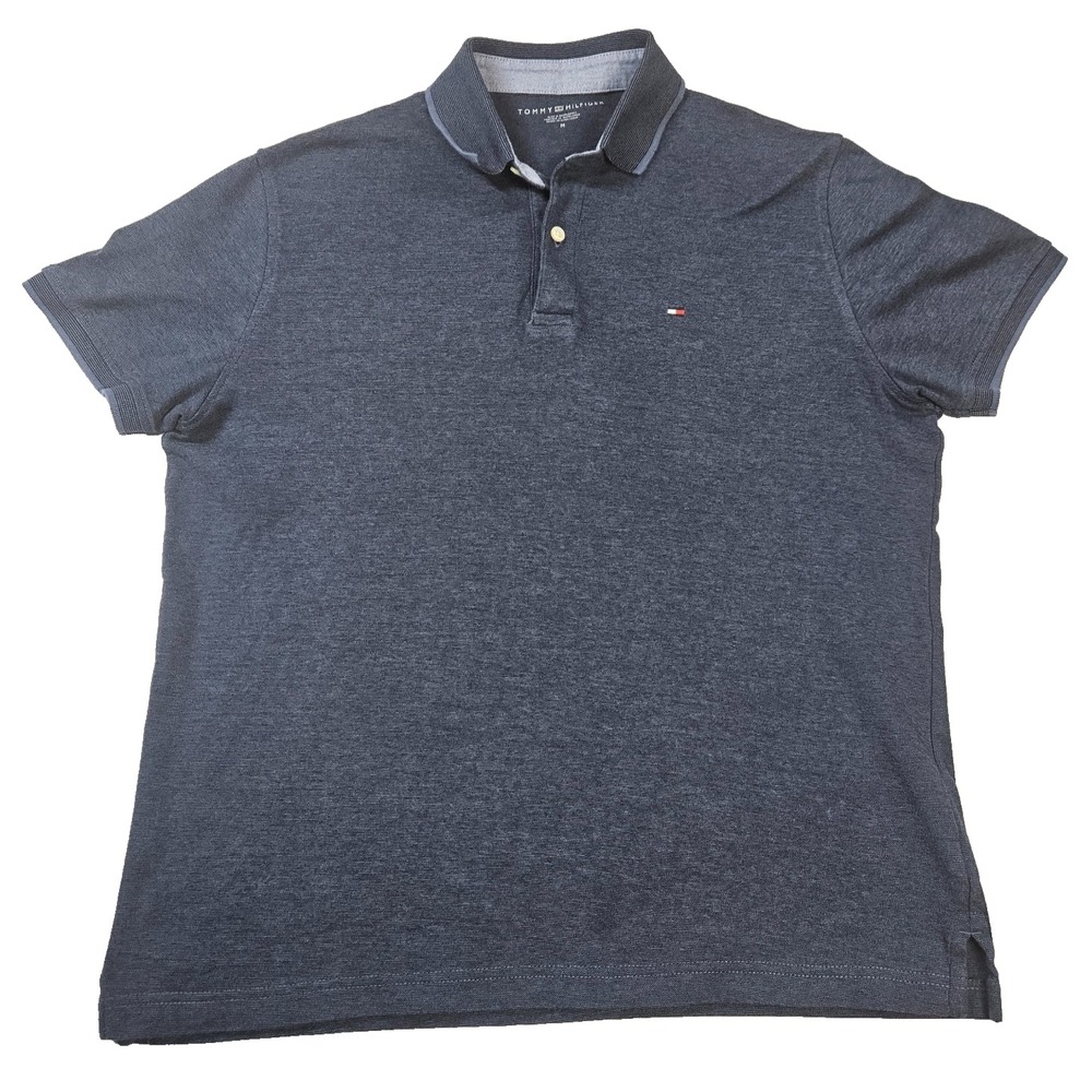 Tommy Hilfiger Mens M Polo Shirt Navy Heather Pique Cotton Flag Logo SS Classic